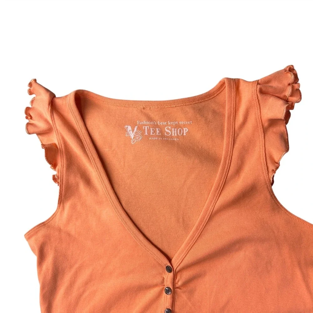 Y2K Tee Shop Top Medium Orange Peach Ruffle Sleeve V Neck Button Tank Top - Picture 2 of 5